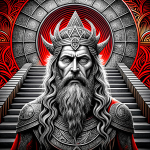 god odin in walhalla stairs runen symbols pattern - perfect realistic art, high-definition, high-definition grey and black, white background 