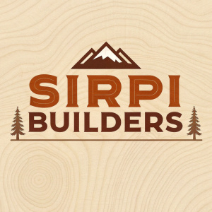 Sirpi Builders logo featuring a stylized text in wood texture, highlighting construction, consulting, and planning services. Simple, modern design with warm earthy tones.