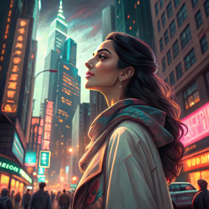 Kiara Advani, serene face, in the midst of bustling cityscape, against bright neon lights and skyscrapers.