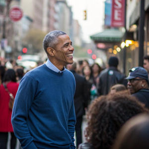 Barack Obama, standing on a crowded street, wearing a casual blue sweater. Smiling widely.