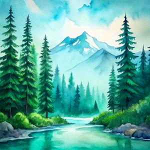 Vintage Watercolor, Pacific Blue Mountains, Green Big Pine Trees, River. White Sky, White Background