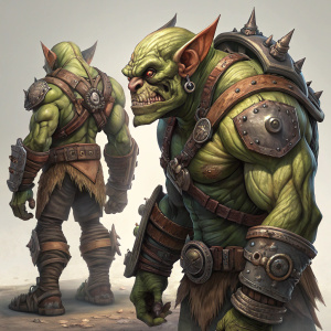 Goblin-like creature from the video game Endless Door, showcasing muscular build, green skin, and mixed textures. Illustration includes back, side, and close-up views. Earthy and metallic colors dominate the design with detailed skin texture, metal materials, and mechanical components.