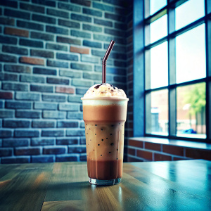 Ice Mocca coffee with Loft-style brick wall background.






