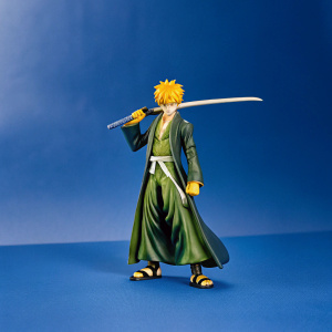 Highly detailed 3D render of Ichigo Kurosaki from Bleach. Character stands in battle pose, wielding Zangetsu. Dark, ominous background. Traditional Japanese armor and long coat