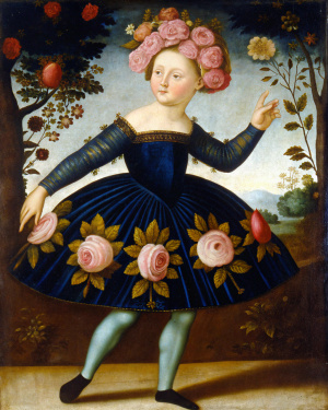 Please create a painting in the Renaissance style in which a child dances ballet in a long green dress decorated with large rose leaves. The child's head is decorated with a hat in the shape of a large pink rose. The child dances in a garden among flowers. The stockings are green, the skirt is long to the floor, the rose decorates only the child's head.