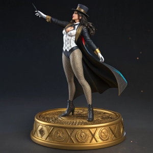 High-resolution 3D render of Zatanna figurine. Detailed design with intricate gold base. Dark background, digital art style.