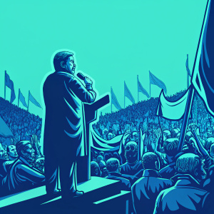 Moon Jae-in, the South Korean presidential hopeful, addressing a packed stadium. His supporters, clad in blue, wave banners and flags. The setting is vibrant and electrifying.