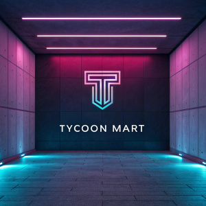 Modern logo design for Tycoon Mart featuring a sleek, minimalist 'T' on a vibrant neon background.