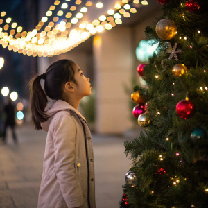 Young asian girl with ponytail standing beside a christmas tree. Tree is decorated with bright, colorful lights and ornaments. Soft ambient lighting, bokeh effect. Candid photo