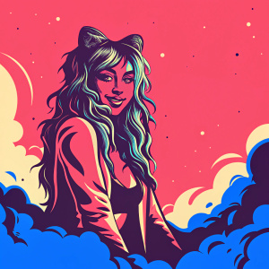Digital art featuring a female character inspired by Doja Cat. Anime style, long wavy hair, set against an abstract cosmic background.