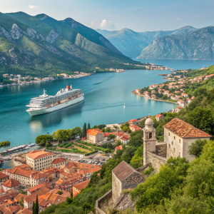 Kotor, Montenegro, vibrant town by the Adriatic Sea. Cruise ship docks in the bay. Green hillsides with terracotta rooftops. Bright blue water.