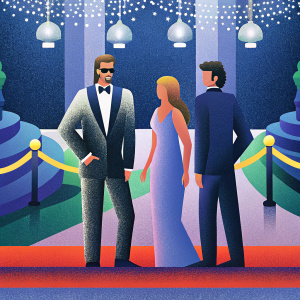 Brad Pitt, Jennifer Aniston, and Orlando Bloom attending the annual Met Gala. Lavish ballroom setting with chandeliers and red carpet.