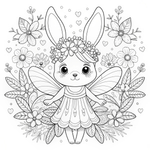 Design a coloring page with a bunny dressed as a fairy, complete with wings and a flower crown. Surround the bunny with large, detailed flowers and tiny, sparkling fairies.Coloring page stayl chilldren, white background,cartoon stayl,There should be open space between the lines, leaving room for hand coloring,line art,
