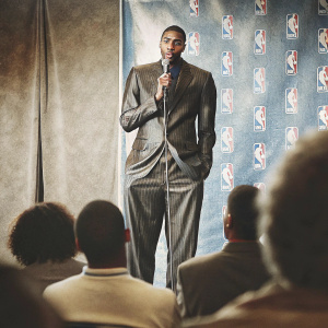 Jayson Tatum, dressed in a formal suit, addressing the audience at a press conference. Blue backdrop with NBA logo