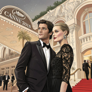 Aldo Montano and Olga Plachina at Cannes Film Festival. Aldo, Hispanic male, in classic suit with neat hairstyle, Olga, Caucasian female, in black lace dress with sleek hairstyle. They stand together in front of ornate architecture.
