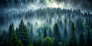 dark forest with fog and rain