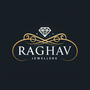 A sleek and modern logo design for Raghav Jewellers featuring an elegant diamond-shaped icon intertwined with a flowing script font that reads 'Raghav Jewellers'. The color scheme includes deep gold and shimmering silver to evoke luxury and sophistication.