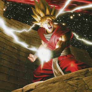 Son Goku in Super Saiyan mode, intense battle pose, fighting stance. Background a starry night sky