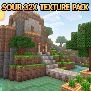 Promotional poster for SOUR 32X TEXTURE PACK featuring pixel art style landscape with various shades of brown, green, and gray, mimicking Minecraft's blocky aesthetic.
