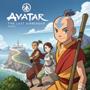 Promotional flyer for 'Avatar: The Last Airbender'. Artwork features Aang, Katara, Zuko, and Sokka in vibrant cartoon style. The text is in modern sans-serif font, detailing Aang's journey.