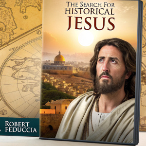 DVD cover for 'The Search for Historical Jesus'. Centerpiece is a detailed image of Jesus against a golden-hued ancient cityscape. Features a photo of host Robert Feduccia alongside. Design elements include maps and geographical symbols.