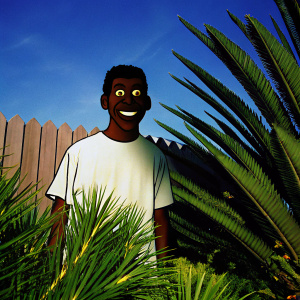 Cartoony illustration of Tyler The Creator, big smile, white t-shirt, simple white backdrop