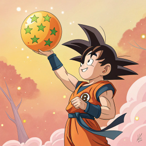 Vibrant illustration of Goku from Dragon Ball series, holding an orb with green symbols. Warm, colorful background, anime style