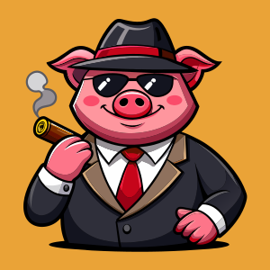 pink pig wearing a black suit, red tie, dark glasses, hat with a cigar in his mouth and with money in his hand, png