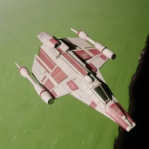 A digital concept art of a futuristic spacecraft, resembling elements from both Shenzhou and Star Trek's Discovery, created by Pierre Drolet. The vessel, predominantly white with striking red highlights, is depicted soaring through space against a serene, gradient backdrop.