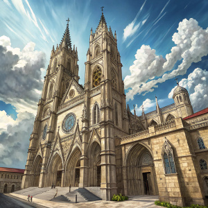 The grand Cathedral of Quito stands tall against a bright blue sky dotted with wispy clouds. The cathedral features intricate stone carvings, towering spires, and ornate facades with arched windows and stone tracery.