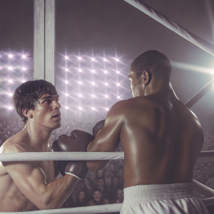 Anthony Crolla and Frank Urquiaga in a MMA cage fight. Neon lights and audience visible in the background.