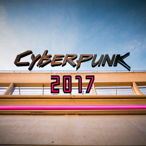 Promotional graphic for Cyberpunk 2077. Text 'CYBERPUNK 2077' in bold, angular font. Pink progress line beneath. Dark background, minimalist design.