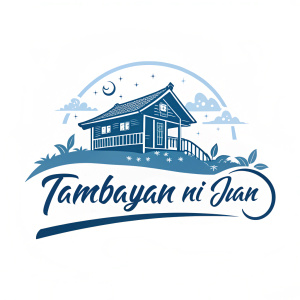 Contemporary logo design for Tambayan ni Juan. Features a blue-hued, stylized traditional house with flowing script text below. White background. Website credit at bottom.