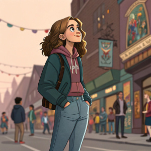An animated illustration of Hermione Granger from Harry Potter. She wears a casual outfit, jeans and hoodie. Background is a busy street, filled with animated characters from different worlds.