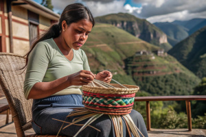 mujer campesina colombiana meztiza tejiendo sentada en una silla y de fondo montañas