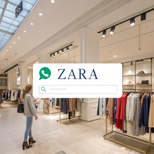 Screenshot of Google Chrome showing chat interface in Spanish. Zara's marketing campaign targeting teens. Promotional text and cursor. Background of a fashion boutique with clothing on racks.