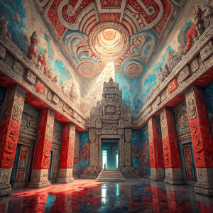 The grand interior of a Mayan temple, adorned with intricate carvings of gods and ancient symbols. The walls are covered in detailed stucco work and bright red and blue paints.