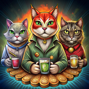logo of 3 cats of different color sitting playing poker drinking tequila milk carton style