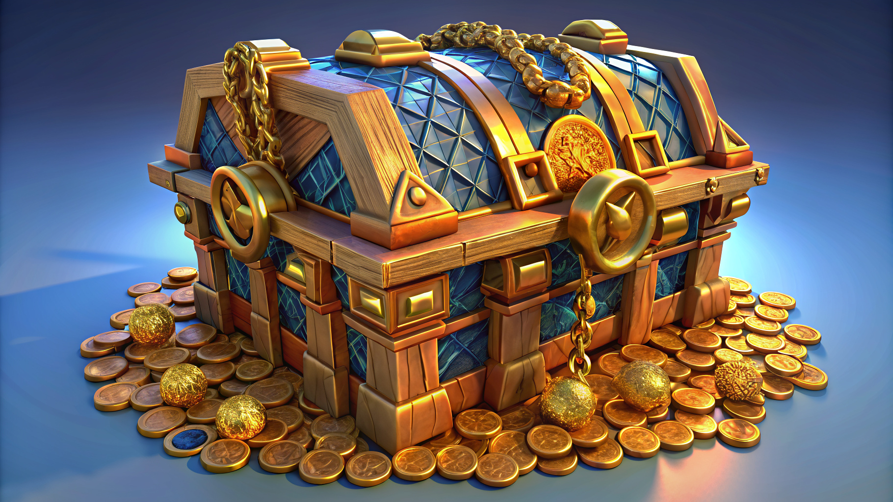 3d-rendered icon of a chest adorned with Roman symbols, overflowing with coins or tokens.