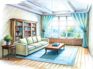 a sketch of a beautiful living room in pencil, (((artists impression, artistic impression, higher detailed illustration, an illustration, detailed illustration, artist's impression))), a kitchen cabinet behind the white sofa, with minimal pictures on the wall, linen curtain next to the classroom window, coffee table, modern wood, ceiling with magnetic emissive lighting