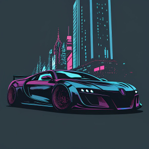 Renault Sport RS01 concept car. Futuristic design. Neon cityscape background.