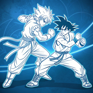 Sketch of two anime characters in a fighting pose. Simple line art. Blue toned background.
