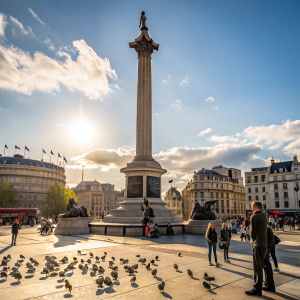 Horatio Nelson's statue stands tall in the bright sunlight of Trafalgar Square, London. Surrounded by tourists and pigeons.