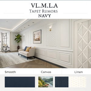 Online store showcasing VL.MD.L.A's wall mural design 'Tapet Rumors Navy'. Website layout includes texture samples such as Smooth, Canvas, and Linen. Dominant colors are white and neutral tones.