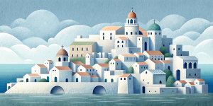 White illustration, Rafał Olbiński style, isolated surrealistic collage of a lot of historical italian houses and briges on seaside, huge ocean and sky, white, light pastel colors, zoom out view, grainy texturing paper