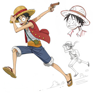 Luffy from One Piece, drawn in multiple poses. Full-body sketch in his classic red hat and straw-hat ensemble, leaping through the air. Close-up sketch of his determined face with wild straw hat. Another full-body sketch of him in a casual outfit, standing with arms crossed. Luffy in a dynamic pose, mid-swing with his iconic Gomu Gomu no Pistol attack.