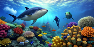 two divers at the coral reef between the fish, in the background you can see a whale, high quality, 8k, super realistic realistic elements