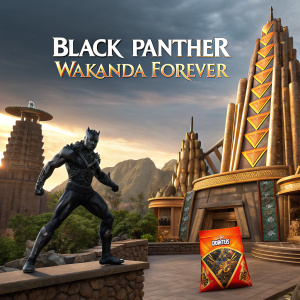 Poster for 'Black Panther: Wakanda Forever'. Features intricate golden architecture, Doritos bag, and muscular hero figure in action pose.
