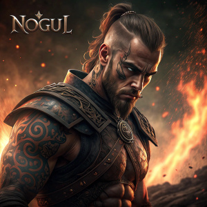 Illustration of a male figure with intense facial expression, muscular build, covered in tattoos. Wears dark armor, fiery background, centered composition with focus on face and physique. The word 'NoGul' prominently displayed.
