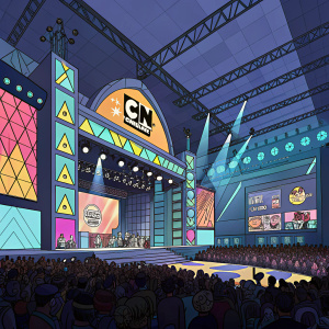 The Cartoon Network Hall of Game Awards. An energetic crowd in a modern, vibrant venue with geometric patterns and bright lighting.